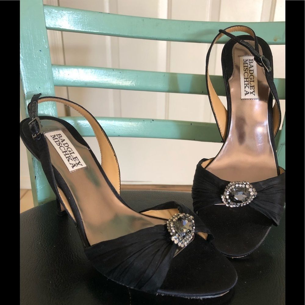Badgley Mischka Slingback Open-toed Jeweled Black Heels